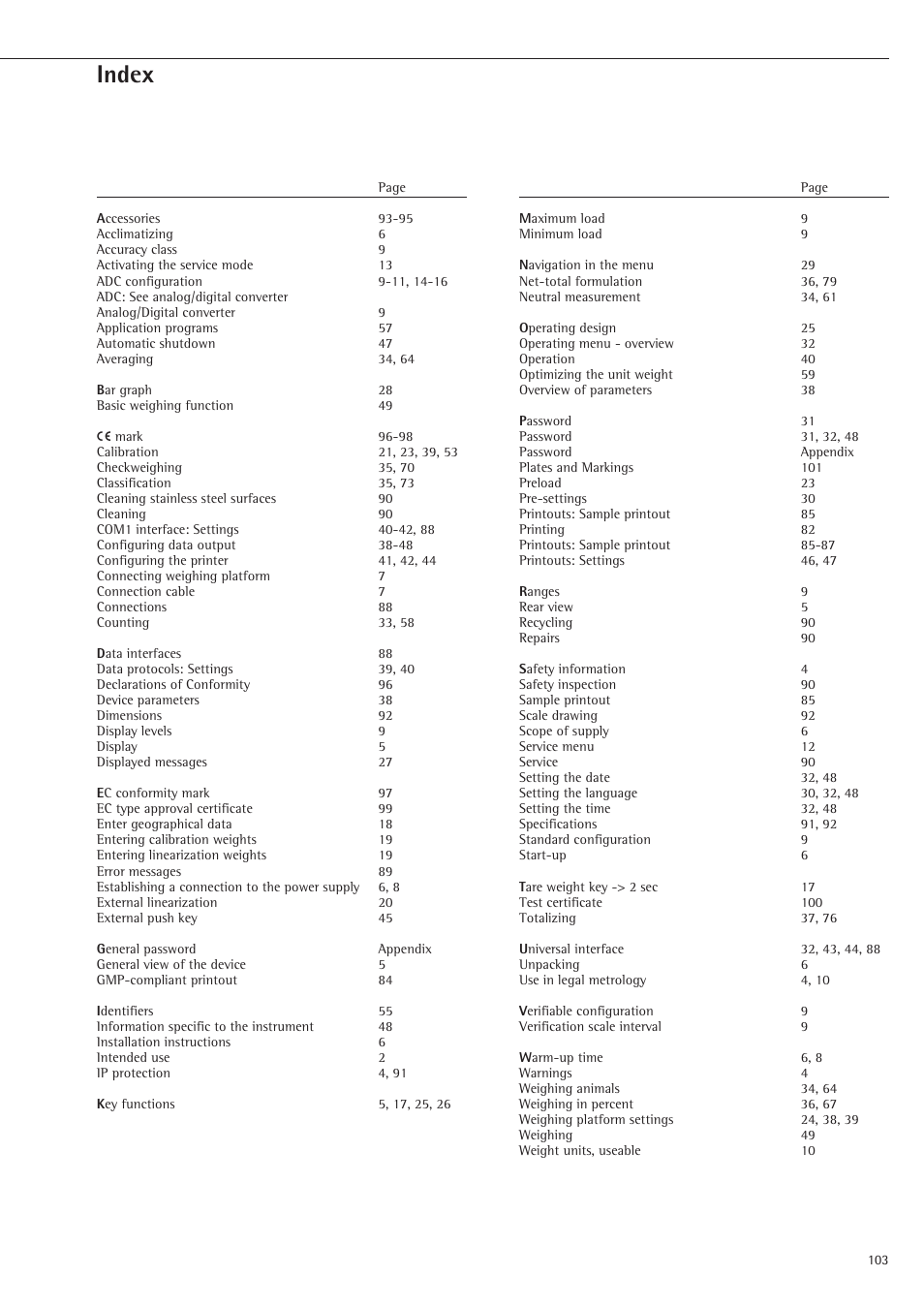 Index | Rice Lake Sartorius Midrics 1 and 2 Series - Operating Instructions User Manual | Page 103 / 107