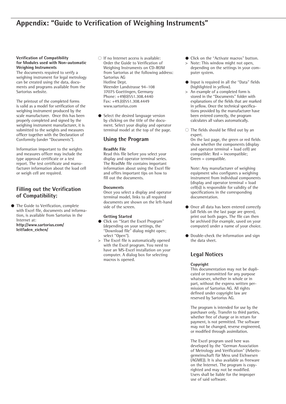 Guide to verification of weighing instruments, Filling out the verification of compatibility, Using the program | Legal notices | Rice Lake Sartorius Midrics 1 and 2 Series - Operating Instructions User Manual | Page 106 / 107