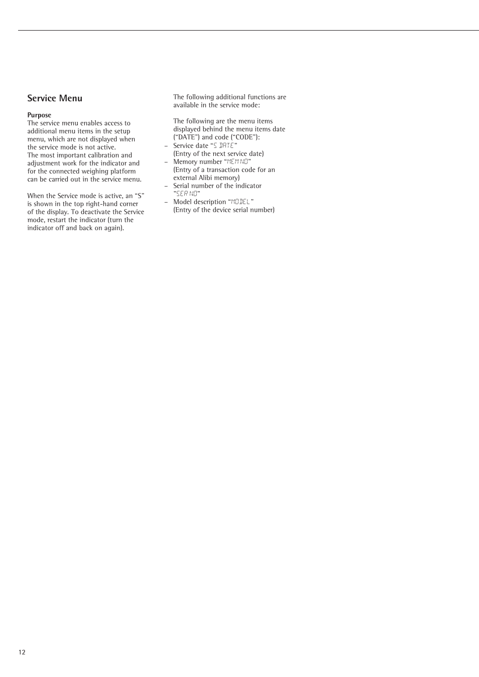 Service menu | Rice Lake Sartorius Midrics 1 and 2 Series - Operating Instructions User Manual | Page 12 / 107
