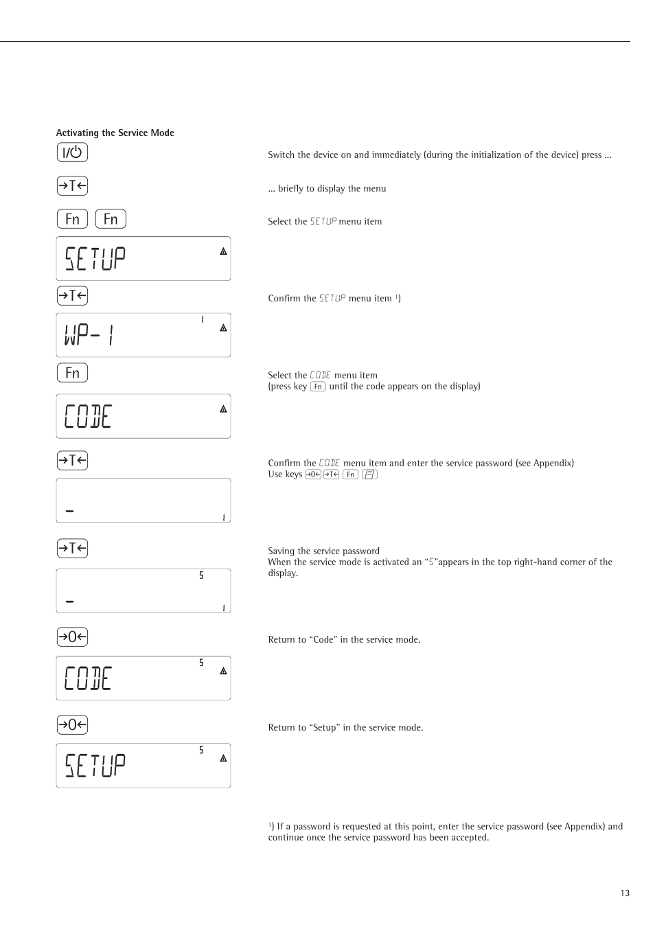 Activating the service mode, Setup wp-1 code code | Rice Lake Sartorius Midrics 1 and 2 Series - Operating Instructions User Manual | Page 13 / 107