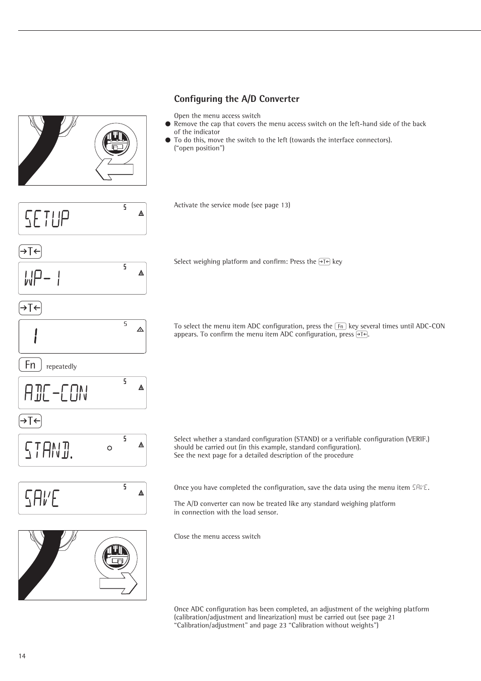 Configuring the a/d converter, Wp-1 adc-con stand. save | Rice Lake Sartorius Midrics 1 and 2 Series - Operating Instructions User Manual | Page 14 / 107