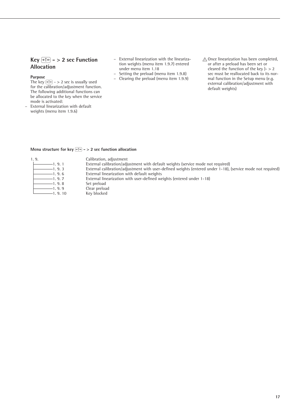 Key t 2 sec functionallocation, Key ) - > 2 sec function allocation | Rice Lake Sartorius Midrics 1 and 2 Series - Operating Instructions User Manual | Page 17 / 107