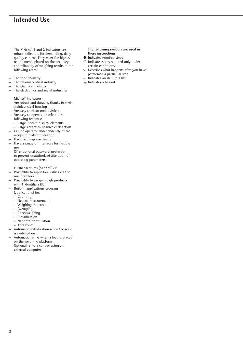 Intended use | Rice Lake Sartorius Midrics 1 and 2 Series - Operating Instructions User Manual | Page 2 / 107