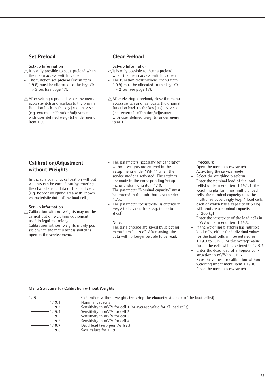Set preload, Clear preload, Calibration/adjustmentwithout weights | Calibration/adjustment without weights | Rice Lake Sartorius Midrics 1 and 2 Series - Operating Instructions User Manual | Page 23 / 107