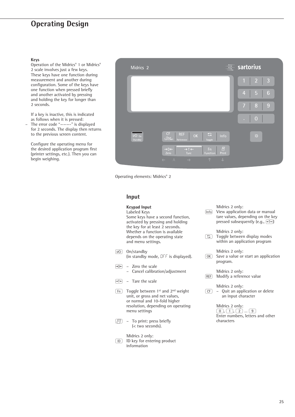 Operating design, Keys, Keypad input | Input | Rice Lake Sartorius Midrics 1 and 2 Series - Operating Instructions User Manual | Page 25 / 107