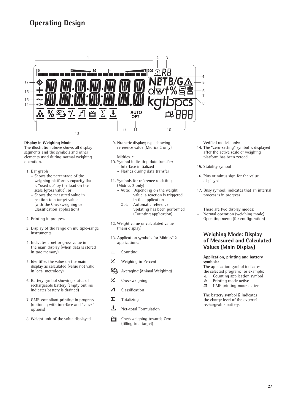 Display in weighing mode, Operating design | Rice Lake Sartorius Midrics 1 and 2 Series - Operating Instructions User Manual | Page 27 / 107