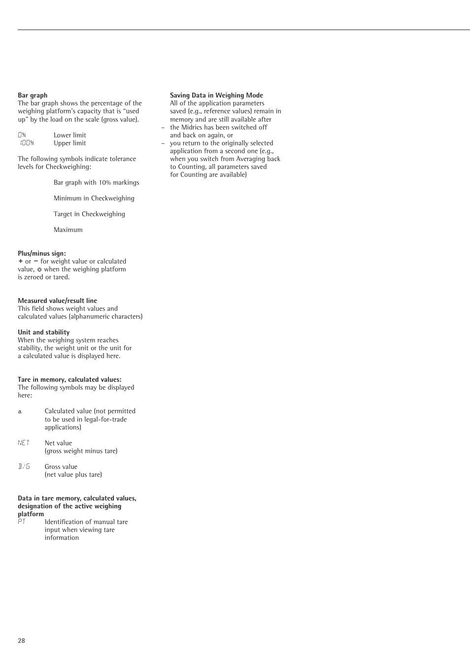 Saving data in weighing mode | Rice Lake Sartorius Midrics 1 and 2 Series - Operating Instructions User Manual | Page 28 / 107