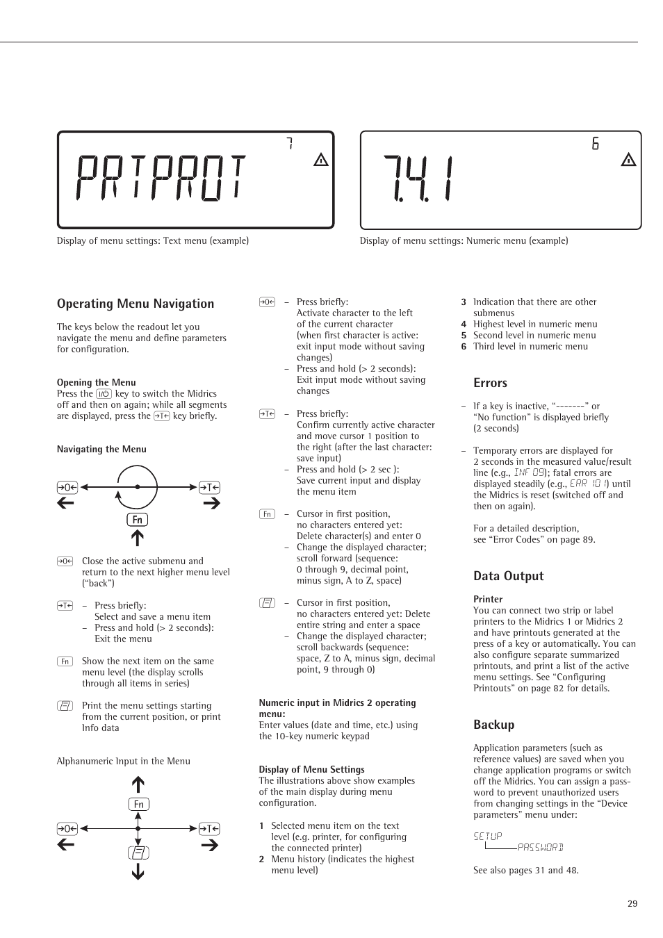Operating menu navigation, Errors, Data output | Backup | Rice Lake Sartorius Midrics 1 and 2 Series - Operating Instructions User Manual | Page 29 / 107