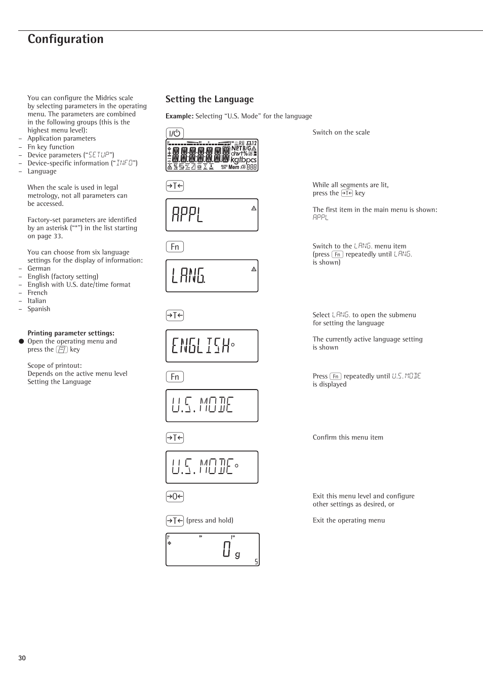 Configuration, Setting the language, U.s. mode | Rice Lake Sartorius Midrics 1 and 2 Series - Operating Instructions User Manual | Page 30 / 107