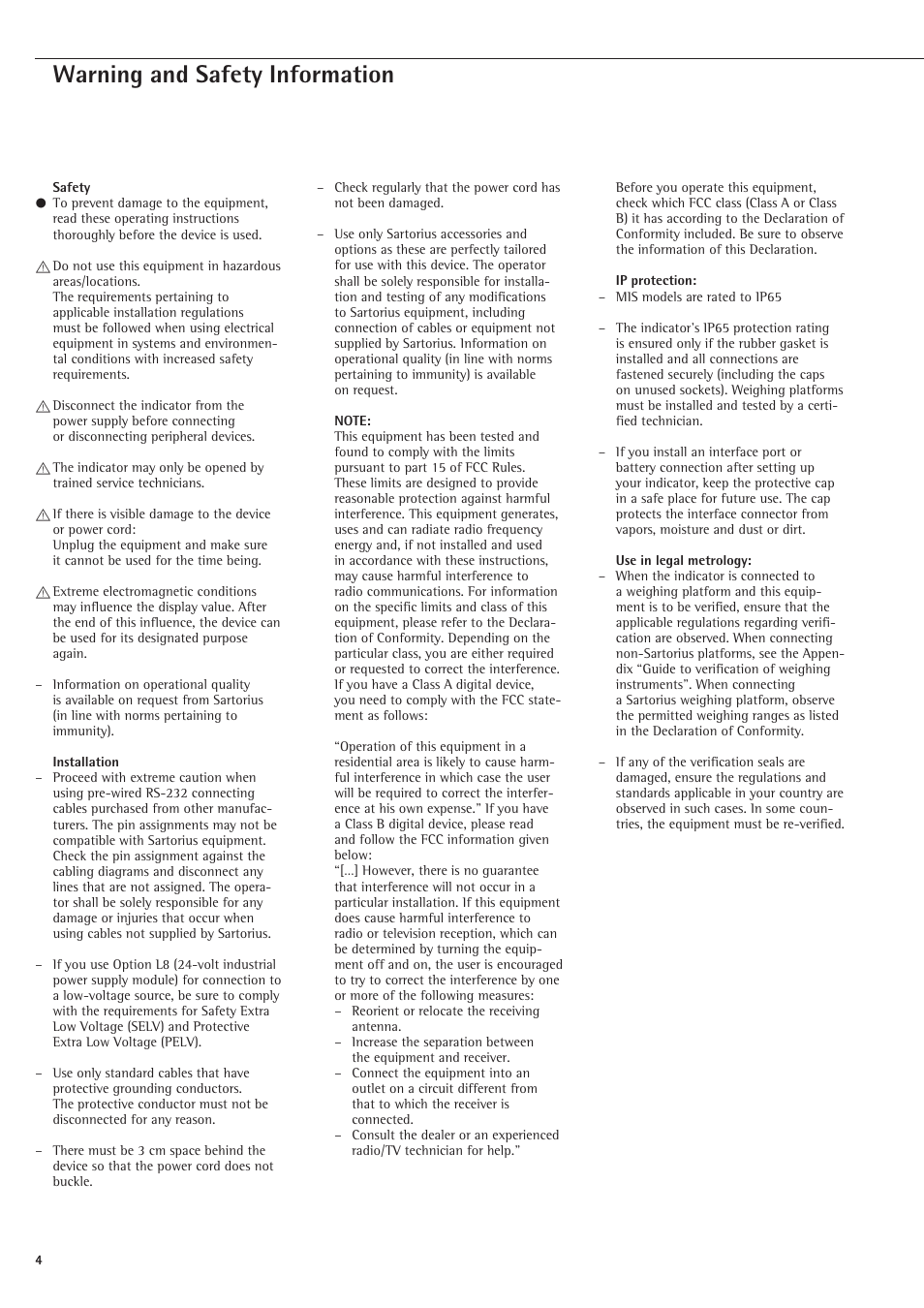 Warning and safety information | Rice Lake Sartorius Midrics 1 and 2 Series - Operating Instructions User Manual | Page 4 / 107