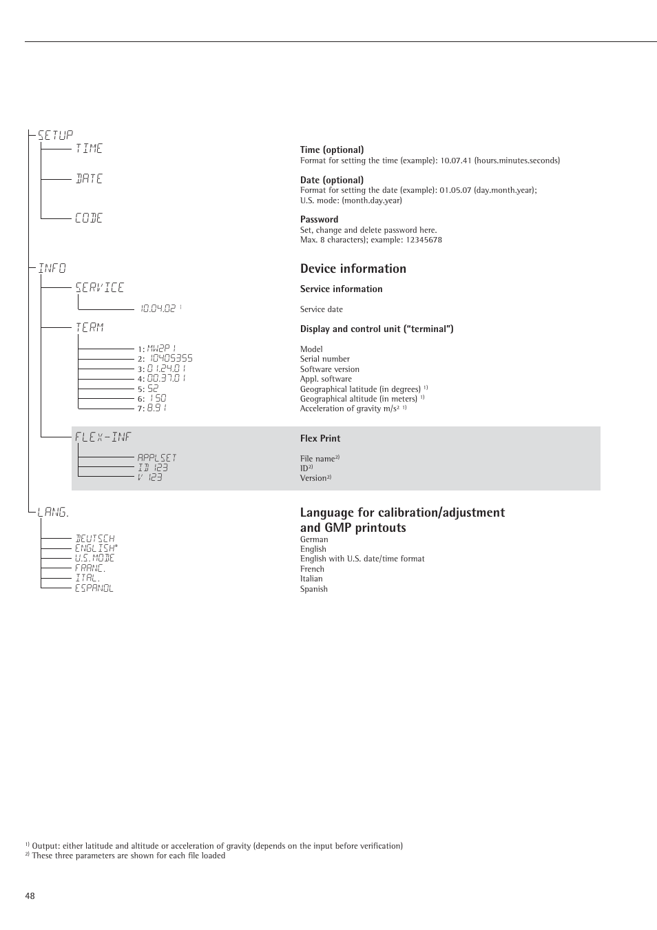 Setup time, Date, Code | Info device information service, Term, Flex-inf | Rice Lake Sartorius Midrics 1 and 2 Series - Operating Instructions User Manual | Page 48 / 107