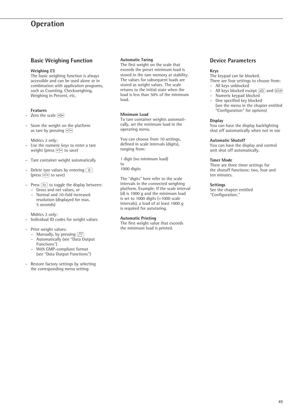 Operation, Basic weighing function, Weighing | Device parameters | Rice Lake Sartorius Midrics 1 and 2 Series - Operating Instructions User Manual | Page 49 / 107