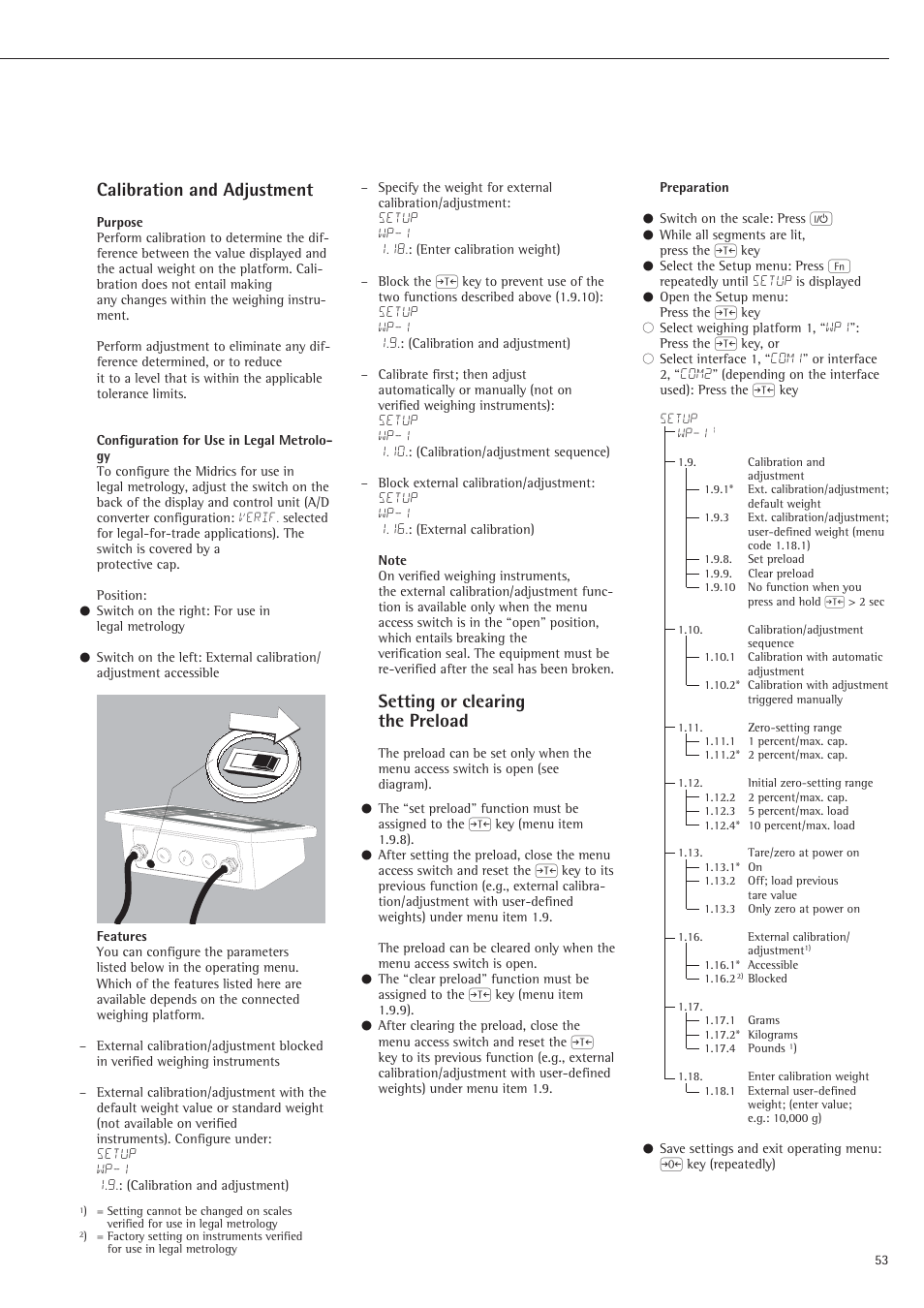 Calibration and adjustment, Setting or clearing the preload | Rice Lake Sartorius Midrics 1 and 2 Series - Operating Instructions User Manual | Page 53 / 107