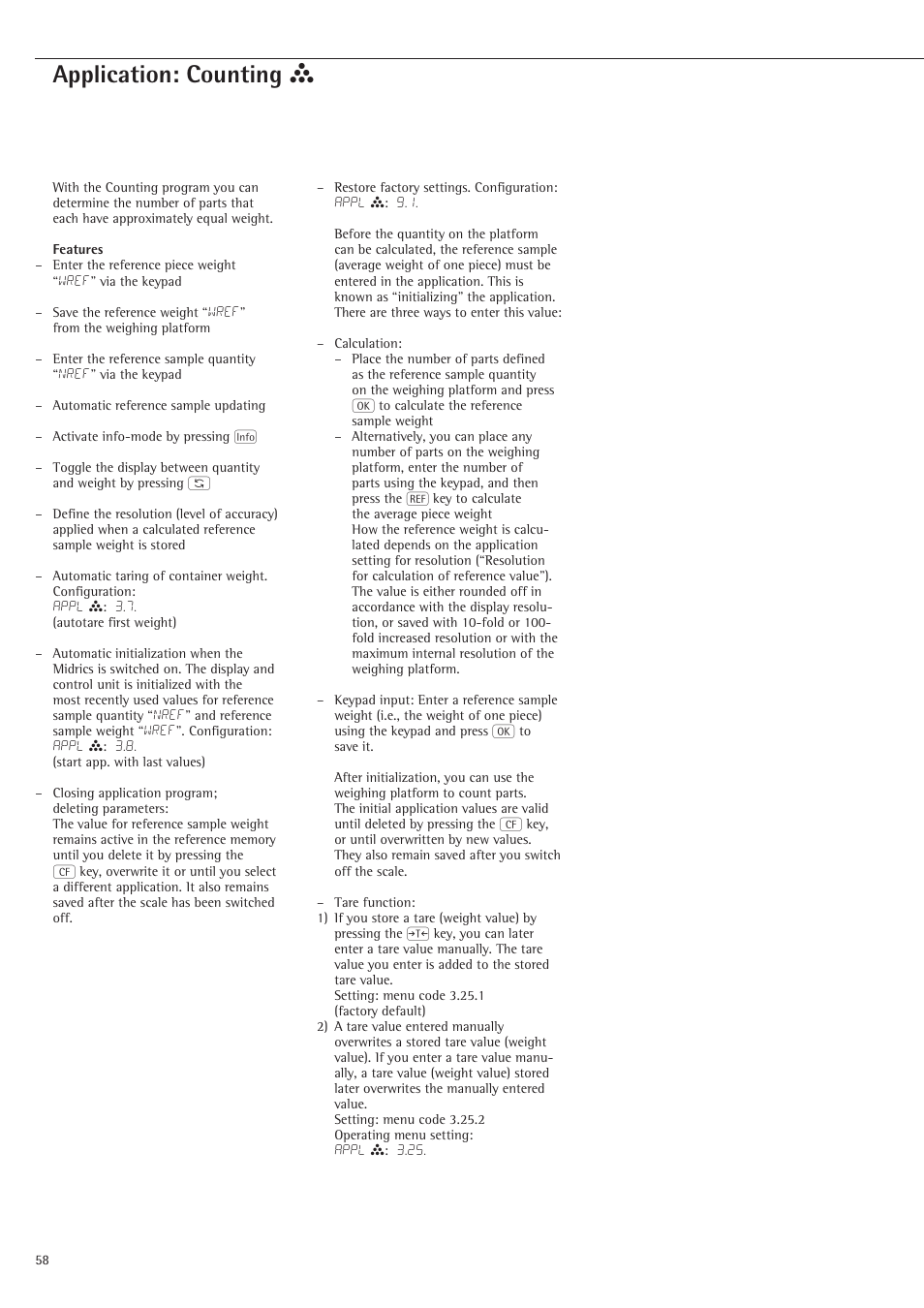 Counting, Application: counting z | Rice Lake Sartorius Midrics 1 and 2 Series - Operating Instructions User Manual | Page 58 / 107