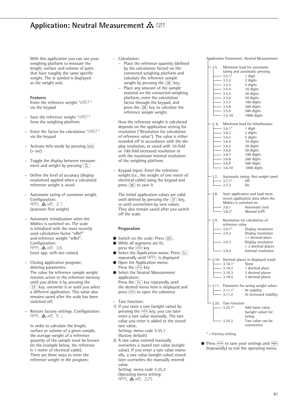 Neutral measurement, Application: neutral measurement z nm | Rice Lake Sartorius Midrics 1 and 2 Series - Operating Instructions User Manual | Page 61 / 107