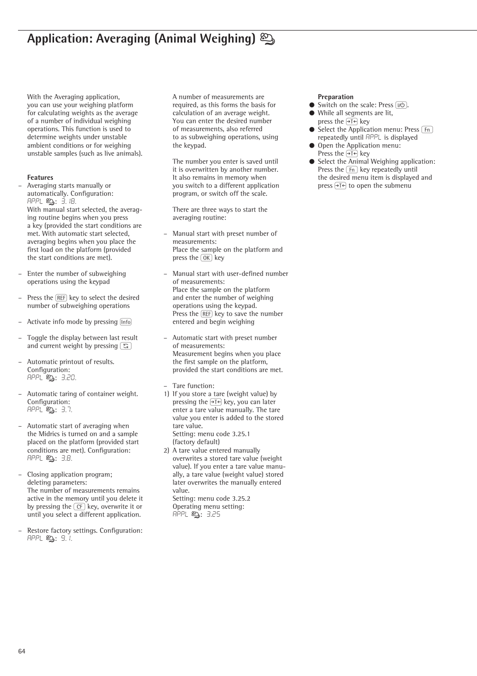 Averaging (animal weighing), Application: averaging (animal weighing) v | Rice Lake Sartorius Midrics 1 and 2 Series - Operating Instructions User Manual | Page 64 / 107