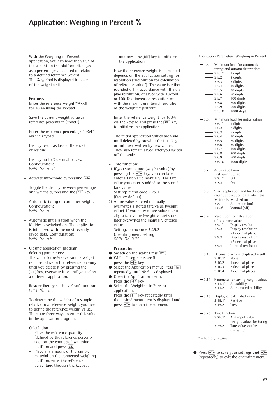 Weighing in percent, Application: weighing in percent l | Rice Lake Sartorius Midrics 1 and 2 Series - Operating Instructions User Manual | Page 67 / 107