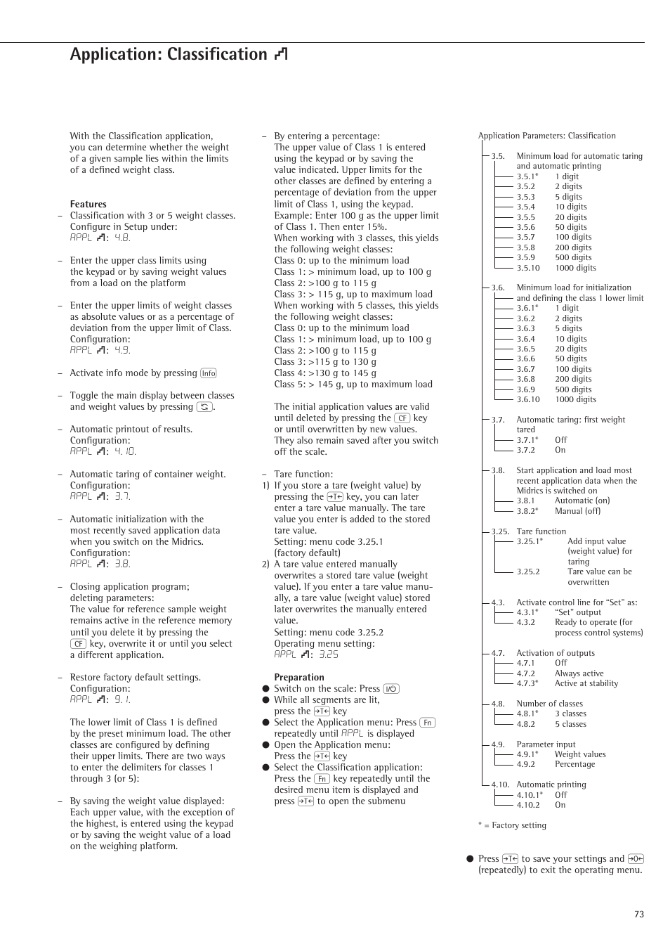 Classification, Application: classification | Rice Lake Sartorius Midrics 1 and 2 Series - Operating Instructions User Manual | Page 73 / 107