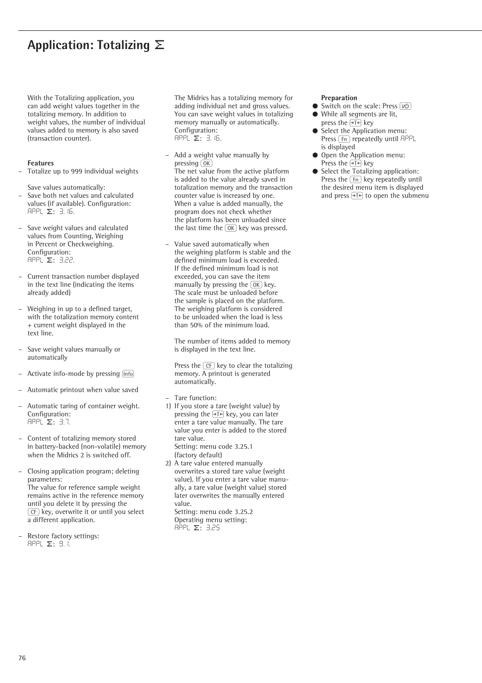 Totalizing, Application: totalizing | Rice Lake Sartorius Midrics 1 and 2 Series - Operating Instructions User Manual | Page 76 / 107