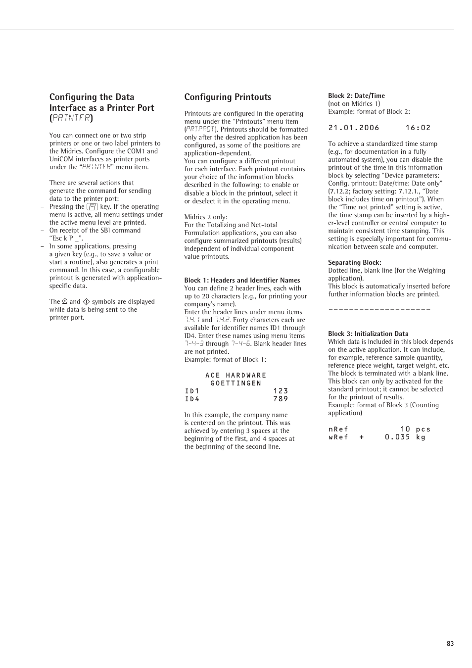 Configuring the data, Configuring printouts, Printer | Configuring the data interface as a printer port | Rice Lake Sartorius Midrics 1 and 2 Series - Operating Instructions User Manual | Page 83 / 107