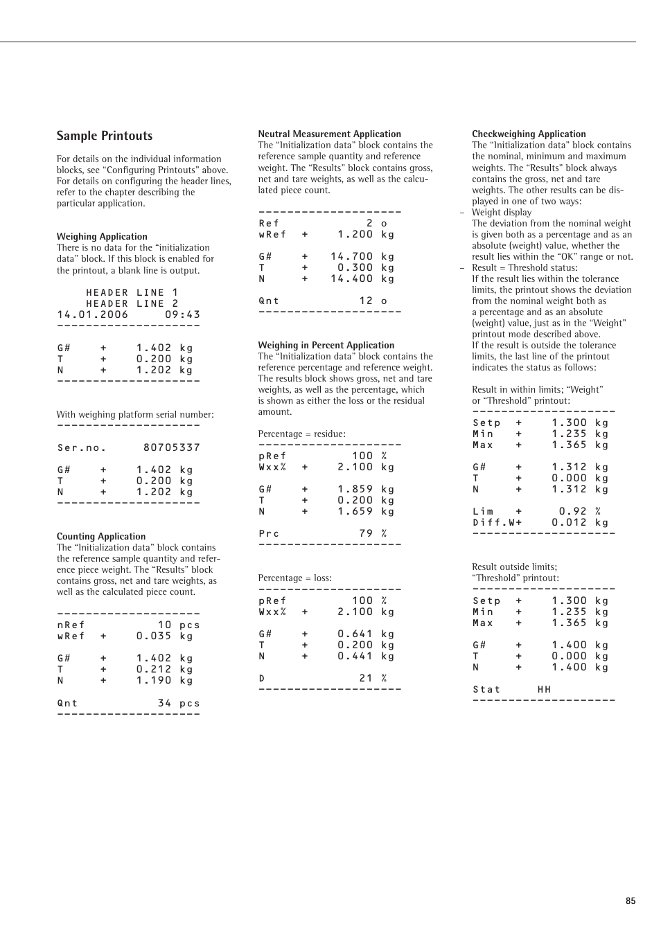 Sample printouts | Rice Lake Sartorius Midrics 1 and 2 Series - Operating Instructions User Manual | Page 85 / 107