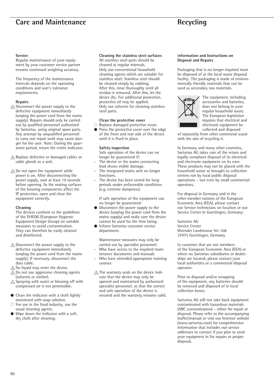 Care and maintenance, Recycling | Rice Lake Sartorius Midrics 1 and 2 Series - Operating Instructions User Manual | Page 90 / 107