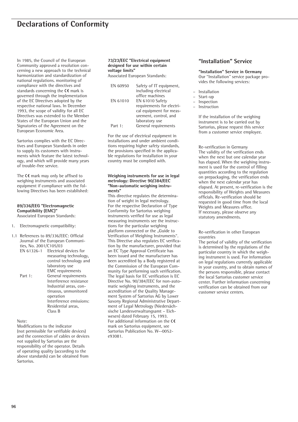 Declarations of conformity, Installation” service | Rice Lake Sartorius Midrics 1 and 2 Series - Operating Instructions User Manual | Page 96 / 107