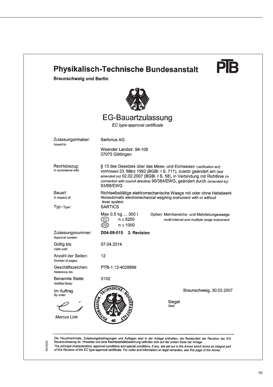 Ec type-approval certificate | Rice Lake Sartorius Midrics 1 and 2 Series - Operating Instructions User Manual | Page 99 / 107