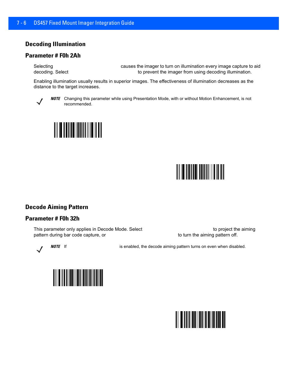 Decoding illumination, Decode aiming pattern, Decoding illumination -6 | Decode aiming pattern -6, Decode aiming pattern on, Decoding illumination parameter # f0h 2ah, Decode aiming pattern parameter # f0h 32h | Rice Lake Motorola DS457 Laser Scanner User Manual | Page 100 / 428