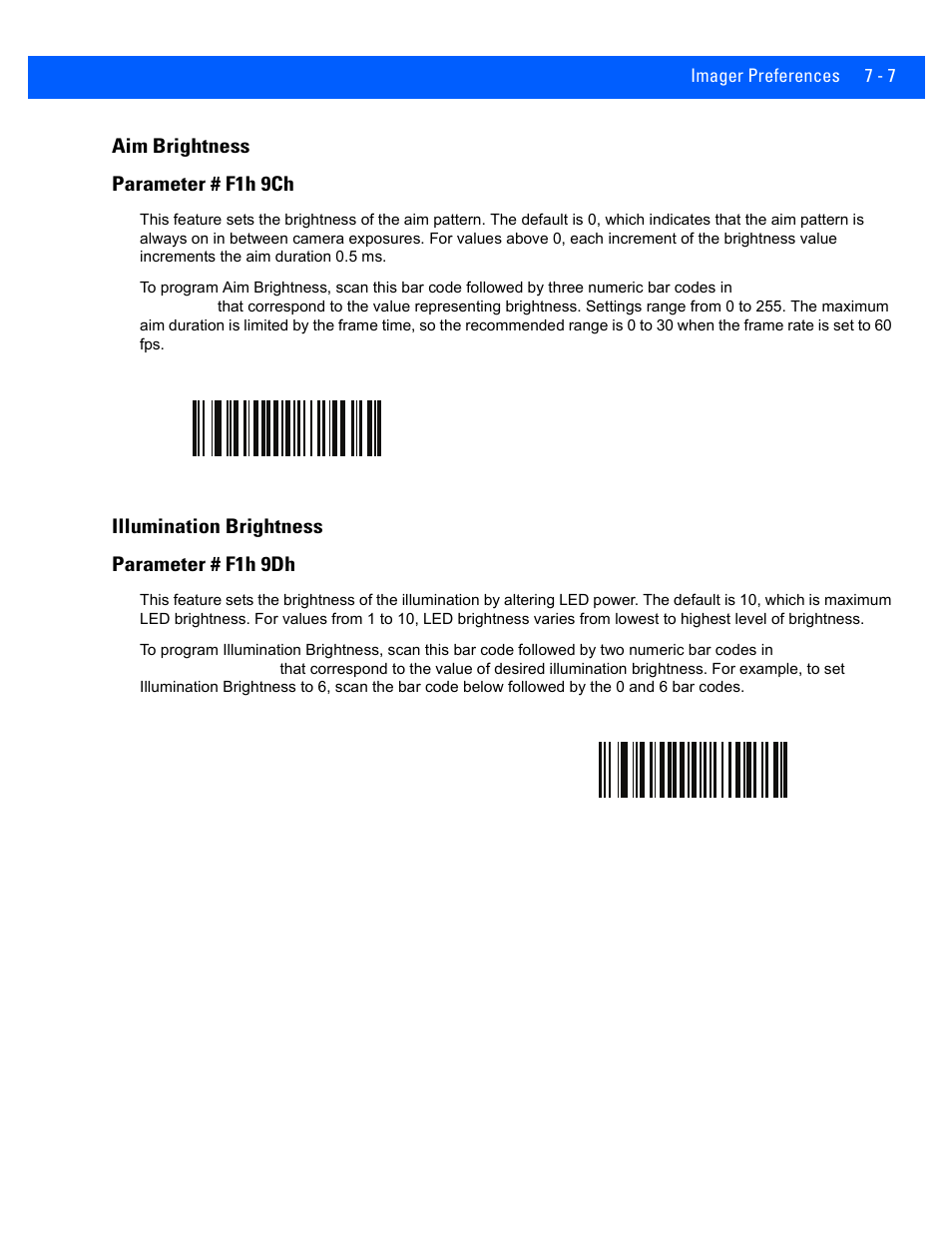 Aim brightness, Illumination brightness, Aim brightness -7 | Illumination brightness -7, Aim brightness parameter # f1h 9ch, Illumination brightness parameter # f1h 9dh | Rice Lake Motorola DS457 Laser Scanner User Manual | Page 101 / 428