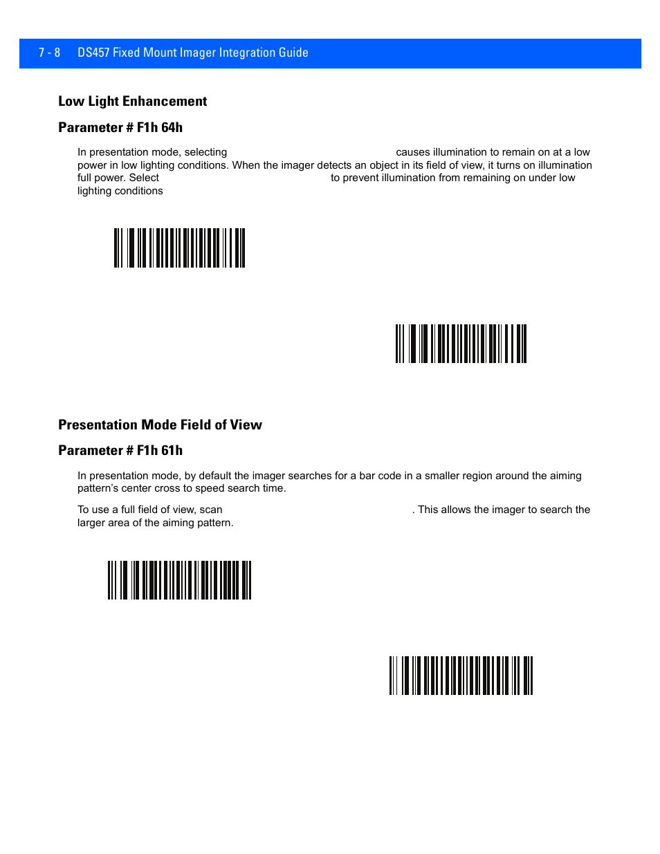 Low light enhancement, Presentation mode field of view, Low light enhancement -8 | Presentation mode field of view -8, Low light enhancement parameter # f1h 64h | Rice Lake Motorola DS457 Laser Scanner User Manual | Page 102 / 428