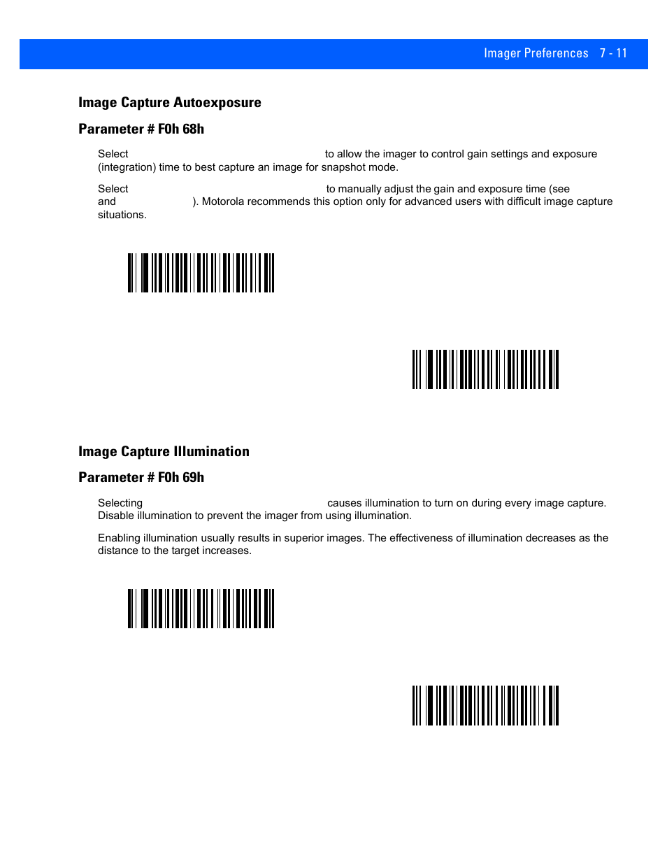 Image capture autoexposure, Image capture illumination, Image capture autoexposure -11 | Image capture illumination -11, Image capture autoexposure parameter # f0h 68h, Image capture illumination parameter # f0h 69h | Rice Lake Motorola DS457 Laser Scanner User Manual | Page 105 / 428