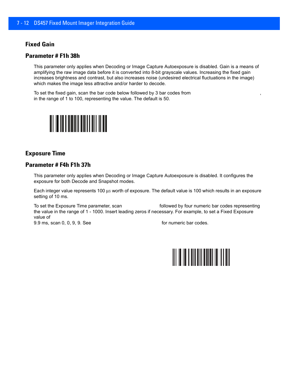 Fixed gain, Exposure time, Fixed gain -12 | Exposure time -12, Fixed gain parameter # f1h 38h, Exposure time parameter # f4h f1h 37h | Rice Lake Motorola DS457 Laser Scanner User Manual | Page 106 / 428