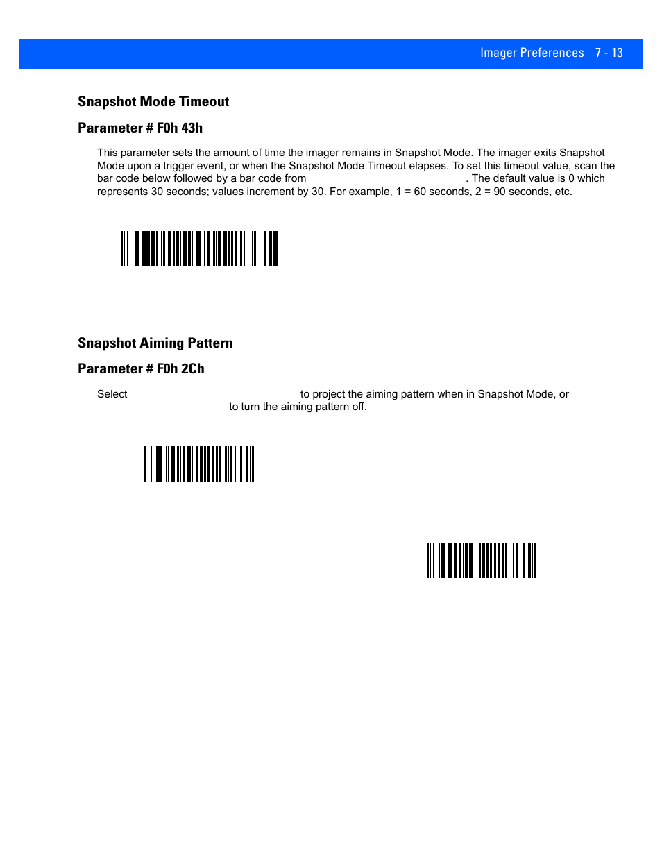 Snapshot mode timeout, Snapshot aiming pattern, Snapshot mode timeout -13 | Snapshot aiming pattern -13, Snapshot mode timeout parameter # f0h 43h, Snapshot aiming pattern parameter # f0h 2ch | Rice Lake Motorola DS457 Laser Scanner User Manual | Page 107 / 428