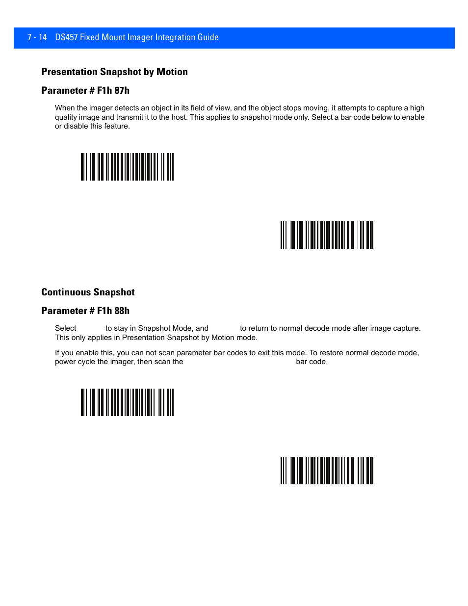 Presentation snapshot by motion, Continuous snapshot, Presentation snapshot by motion -14 | Continuous snapshot -14, Continuous snapshot parameter # f1h 88h | Rice Lake Motorola DS457 Laser Scanner User Manual | Page 108 / 428