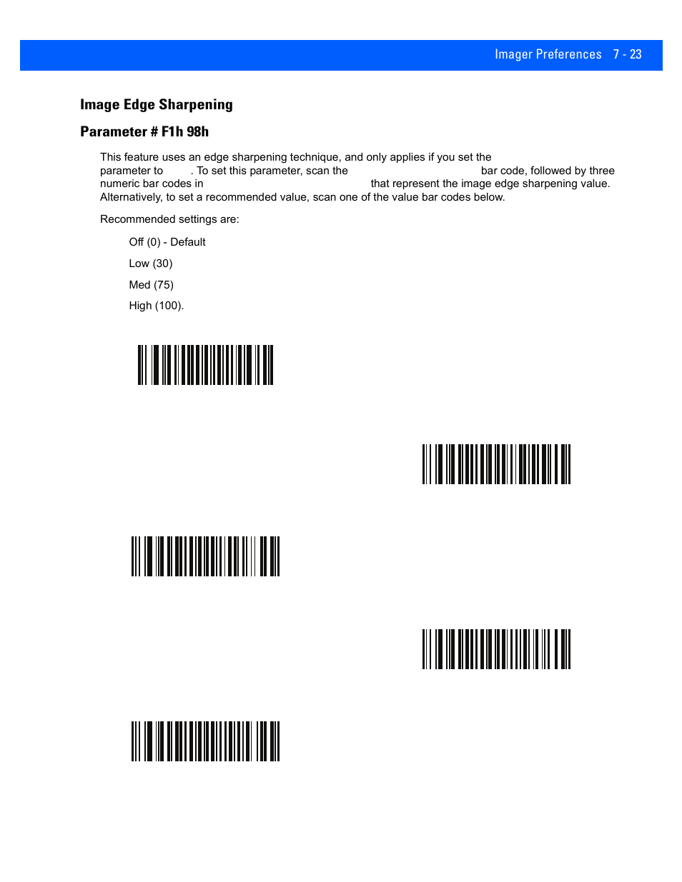 Image edge sharpening, Image edge sharpening -23, Image edge sharpening parameter # f1h 98h | Rice Lake Motorola DS457 Laser Scanner User Manual | Page 117 / 428