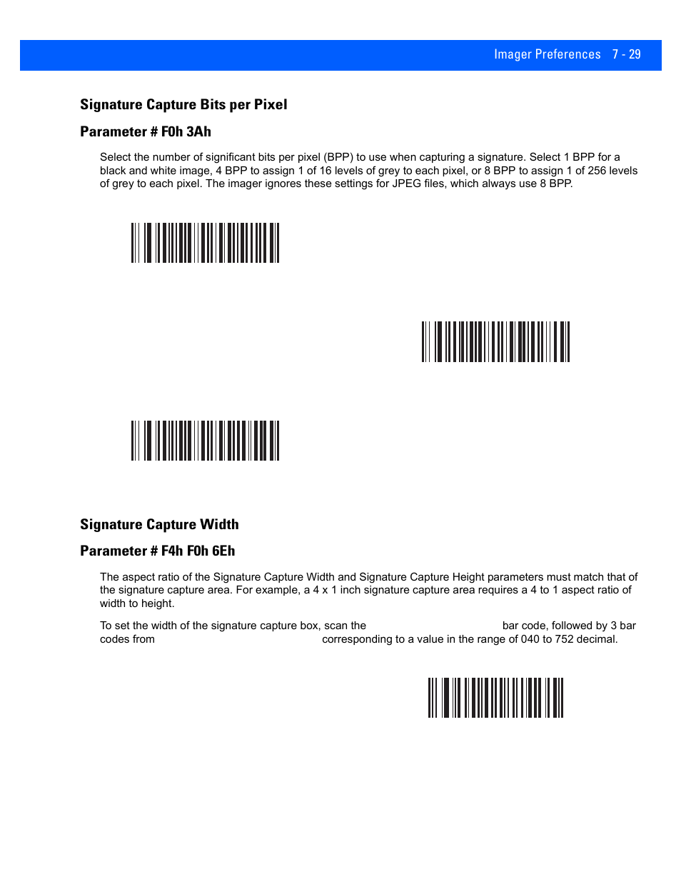 Signature capture bits per pixel, Signature capture width, Signature capture bits per pixel -29 | Signature capture width -29, Signature capture width parameter # f4h f0h 6eh | Rice Lake Motorola DS457 Laser Scanner User Manual | Page 123 / 428