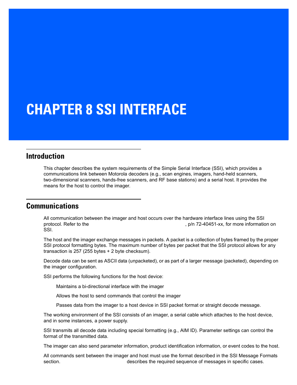 Ssi interface, Introduction, Communications | Chapter 8: ssi interface, Introduction -1, Communications -1, Chapter 8, ssi interface, Chapter 8 ssi interface | Rice Lake Motorola DS457 Laser Scanner User Manual | Page 127 / 428