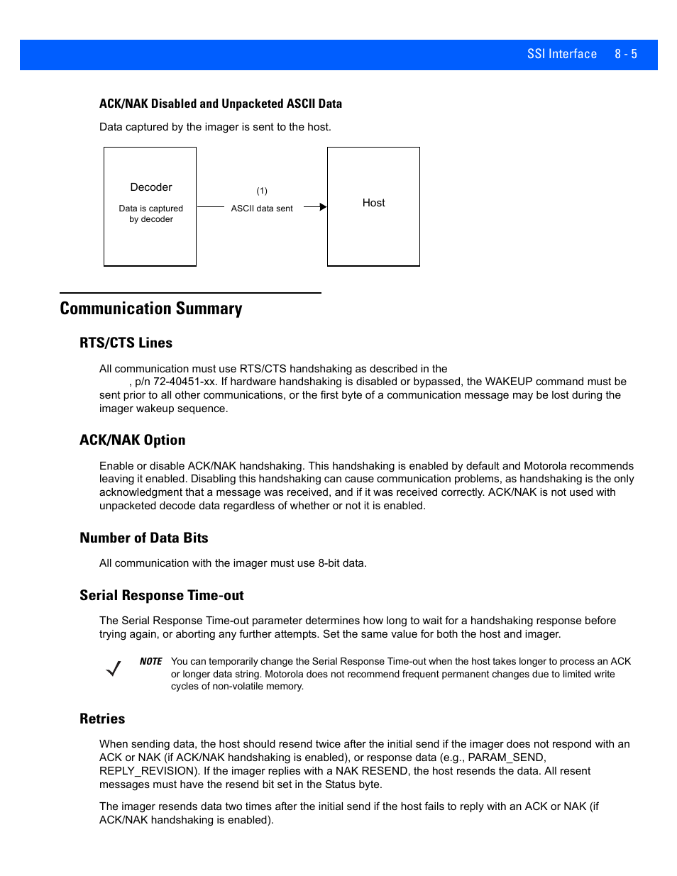 Communication summary, Rts/cts lines, Ack/nak option | Number of data bits, Serial response time-out, Retries, Communication summary -5, Rts/cts lines -5, Ack/nak option -5, Number of data bits -5 | Rice Lake Motorola DS457 Laser Scanner User Manual | Page 131 / 428