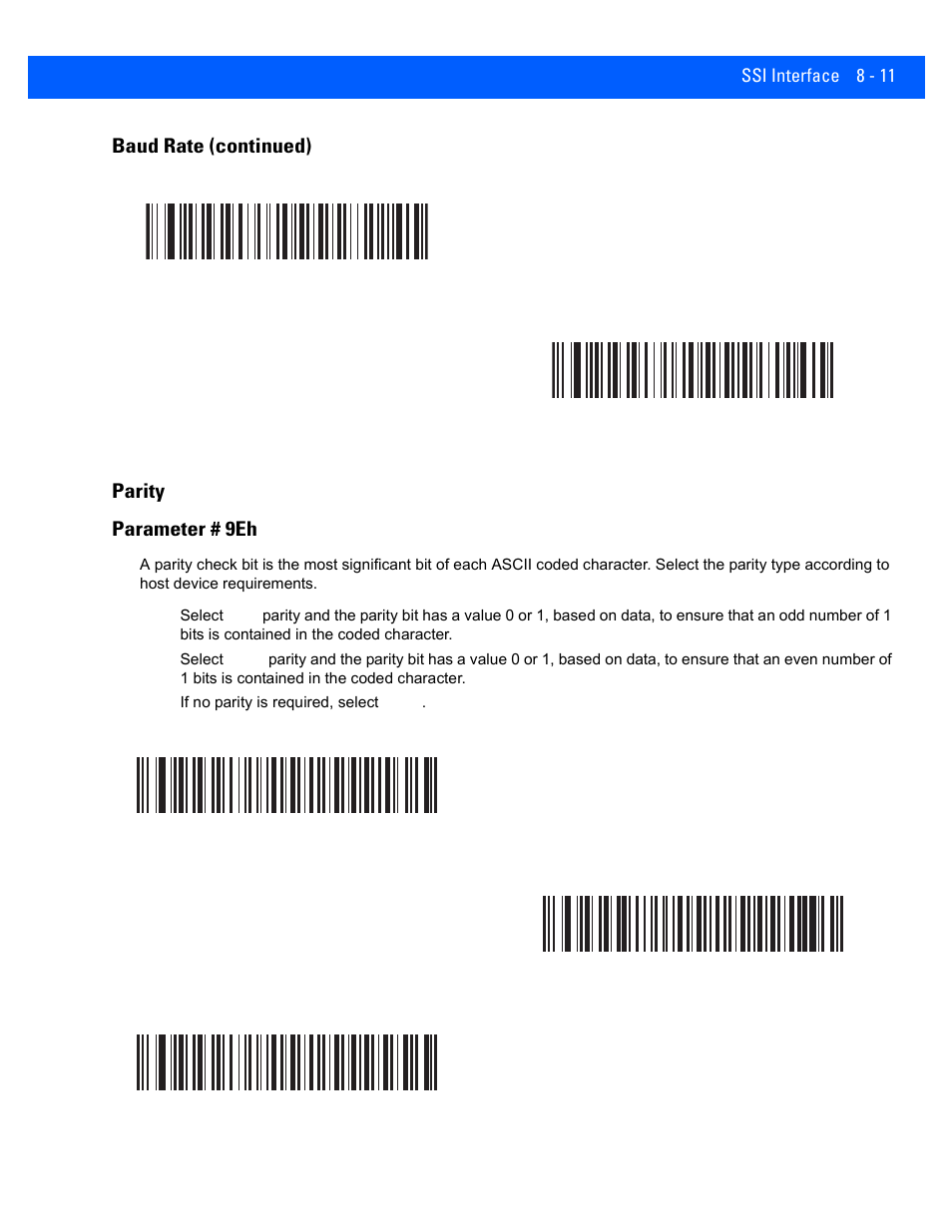 Parity, Parity -11, Baud rate (continued) parity parameter # 9eh | Rice Lake Motorola DS457 Laser Scanner User Manual | Page 137 / 428