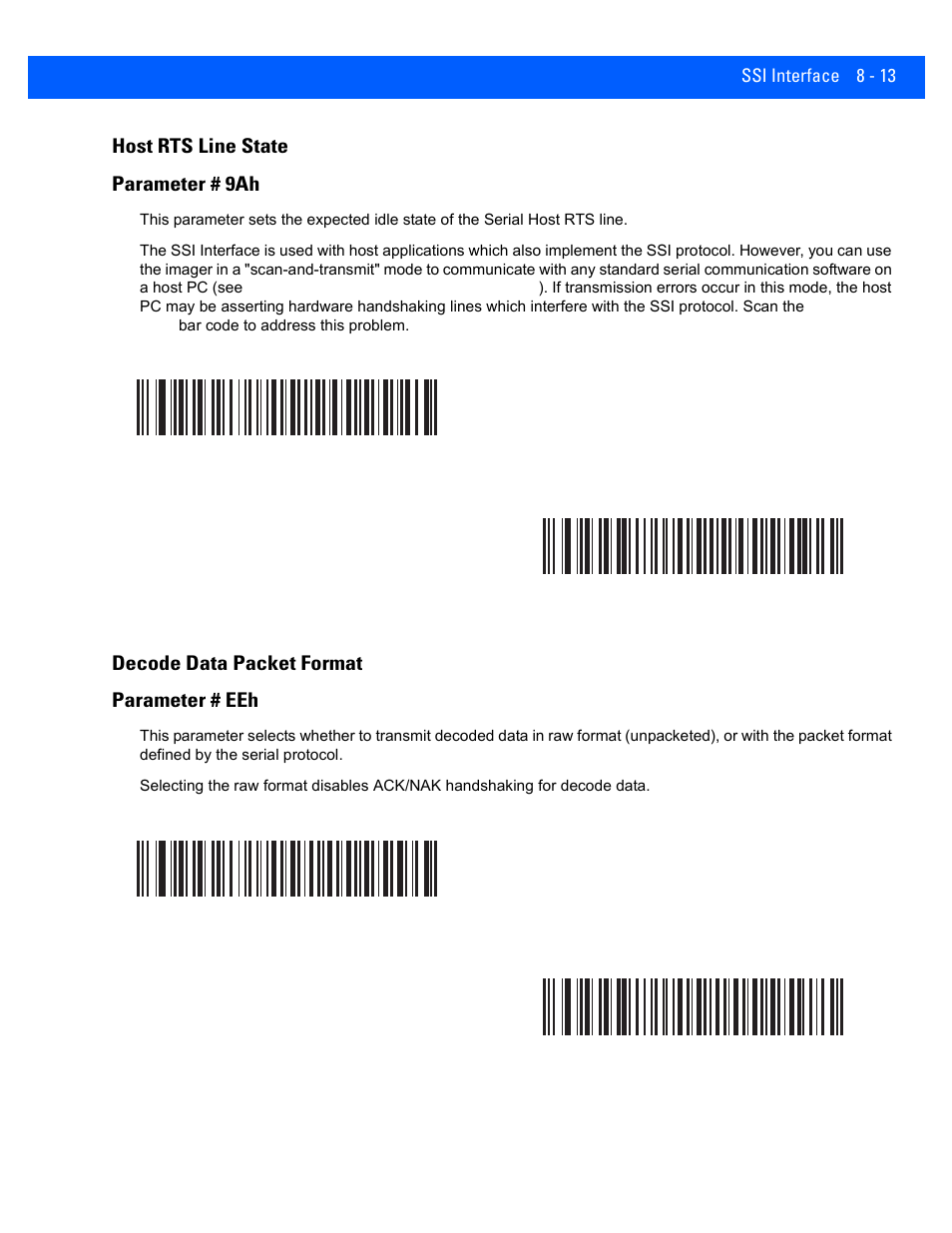 Host rts line state, Decode data packet format, Host rts line state -13 | Decode data packet format -13, Host rts line state parameter # 9ah, Decode data packet format parameter # eeh | Rice Lake Motorola DS457 Laser Scanner User Manual | Page 139 / 428