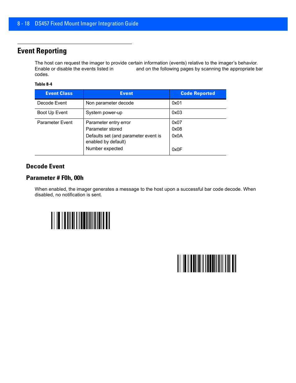 Event reporting, Decode event, Event reporting -18 | Decode event -18, Decode event parameter # f0h, 00h | Rice Lake Motorola DS457 Laser Scanner User Manual | Page 144 / 428