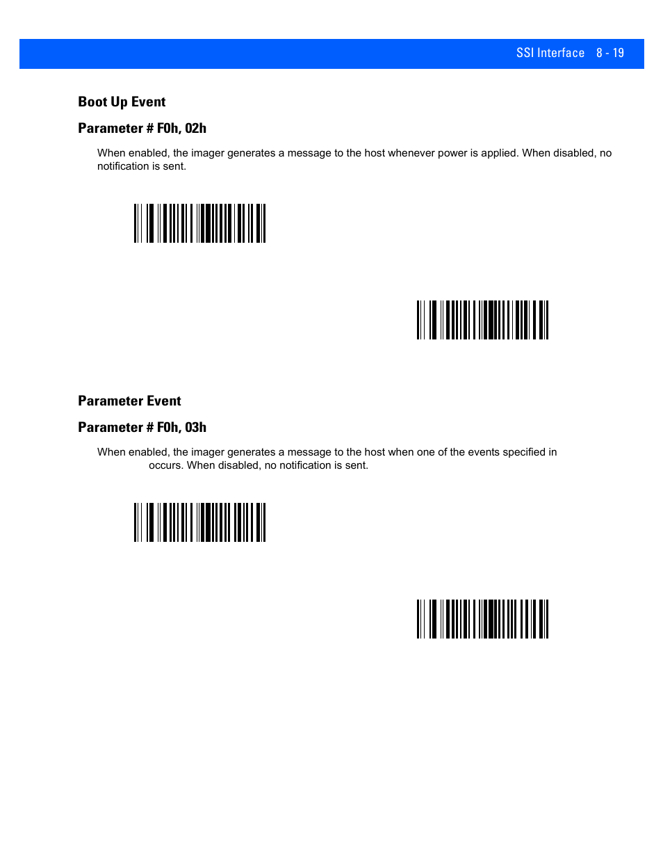 Boot up event, Parameter event, Boot up event -19 | Parameter event -19, Boot up event parameter # f0h, 02h, Parameter event parameter # f0h, 03h | Rice Lake Motorola DS457 Laser Scanner User Manual | Page 145 / 428