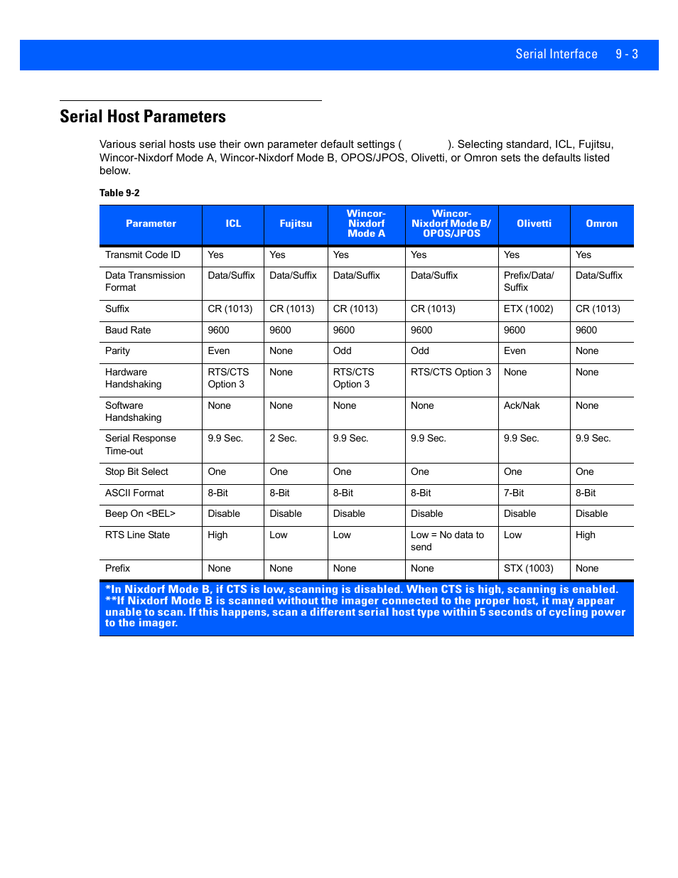 Serial host parameters, Serial host parameters -3, Serial interface 9 - 3 | Rice Lake Motorola DS457 Laser Scanner User Manual | Page 149 / 428