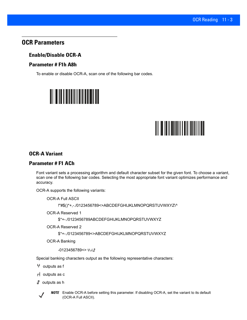 Ocr parameters, Enable/disable ocr-a, Ocr-a variant | Ocr parameters -3, Enable/disable ocr-a -3, Ocr-a variant -3, Enable/disable ocr-a parameter # f1h a8h, Ocr-a variant parameter # f1 ach | Rice Lake Motorola DS457 Laser Scanner User Manual | Page 195 / 428