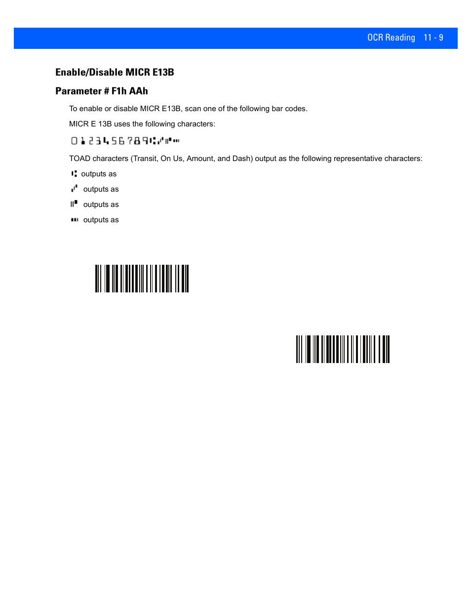 Enable/disable micr e13b, Enable/disable micr e13b -9, Enable/disable micr e13b parameter # f1h aah | Rice Lake Motorola DS457 Laser Scanner User Manual | Page 201 / 428