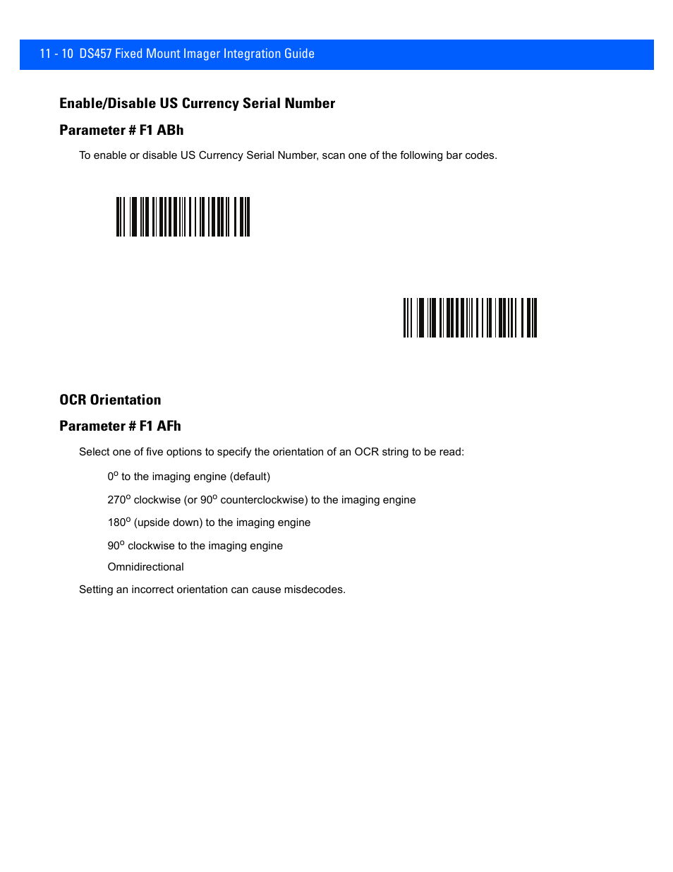 Enable/disable us currency serial number, Ocr orientation, Enable/disable us currency serial number -10 | Ocr orientation -10, Ocr orientation parameter # f1 afh | Rice Lake Motorola DS457 Laser Scanner User Manual | Page 202 / 428