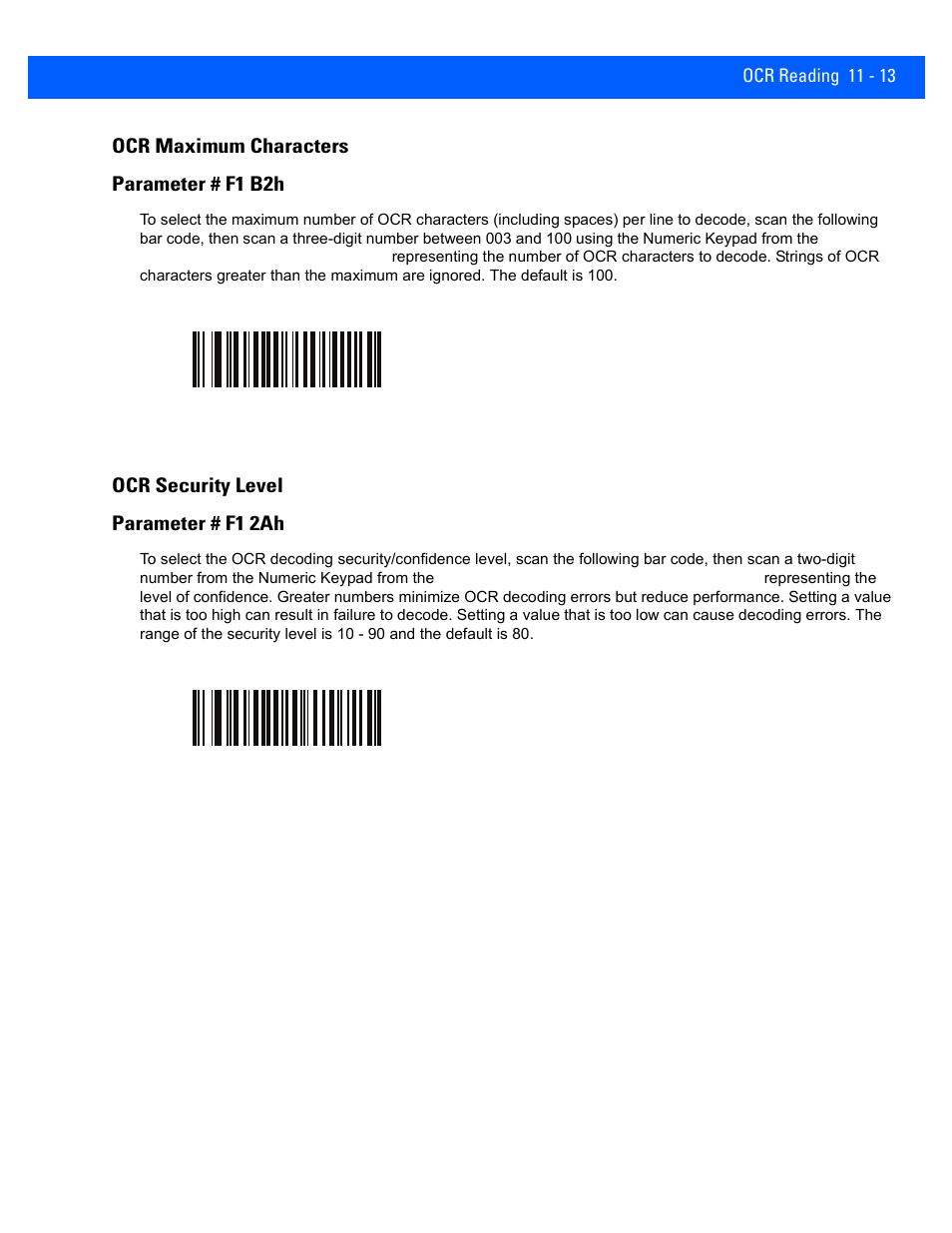 Ocr maximum characters, Ocr security level, Ocr maximum characters -13 | Ocr security level -13, Ocr maximum characters parameter # f1 b2h, Ocr security level parameter # f1 2ah | Rice Lake Motorola DS457 Laser Scanner User Manual | Page 205 / 428