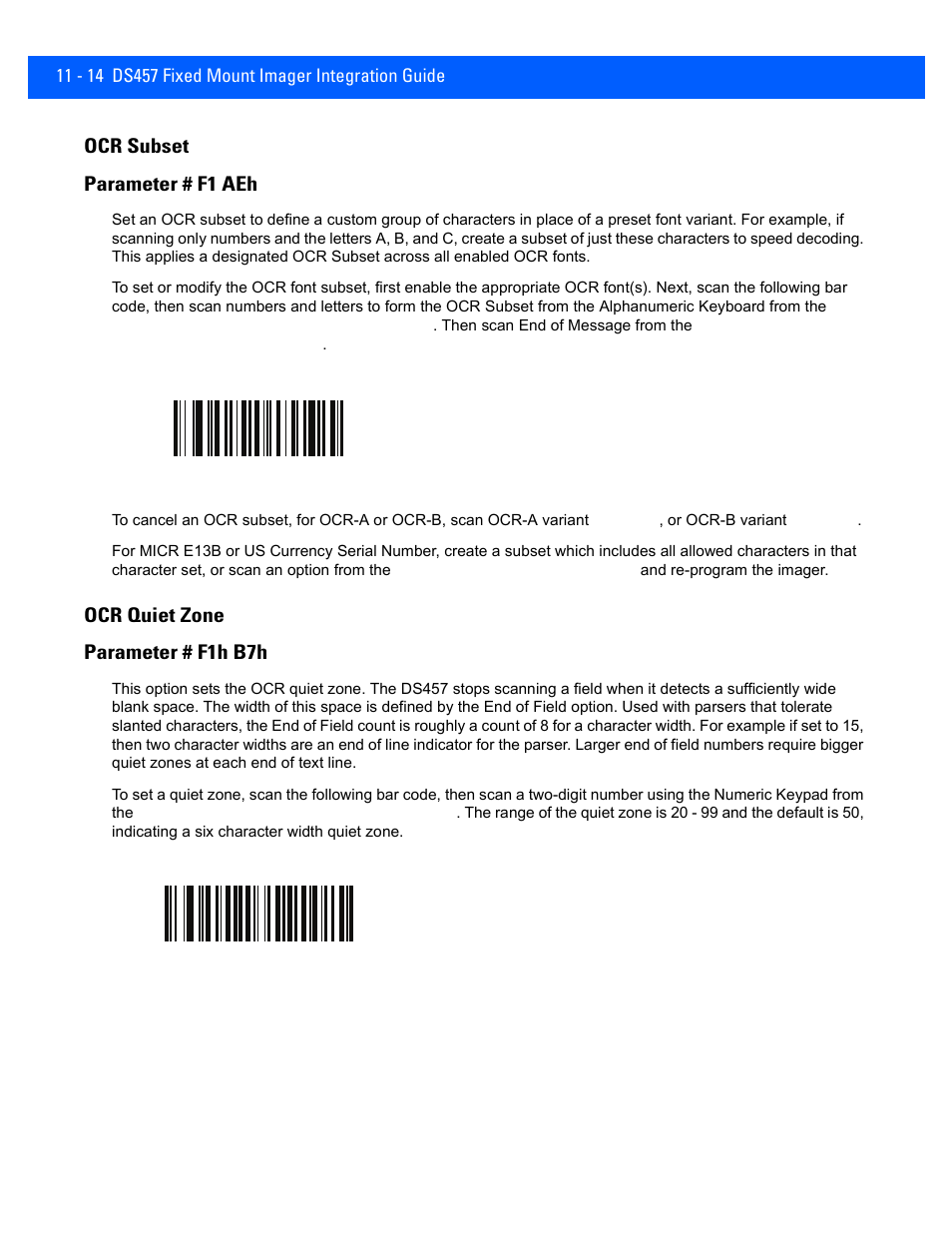 Ocr subset, Ocr quiet zone, Ocr subset -14 | Ocr quiet zone -14, Ocr subset parameter # f1 aeh, Ocr quiet zone parameter # f1h b7h | Rice Lake Motorola DS457 Laser Scanner User Manual | Page 206 / 428