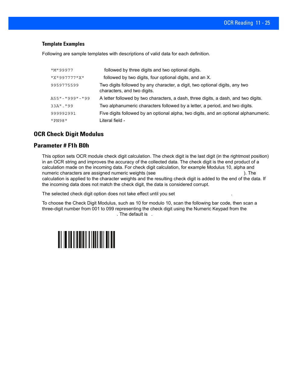 Ocr check digit modulus, Ocr check digit modulus -25, Ocr check digit modulus parameter # f1h b0h | Rice Lake Motorola DS457 Laser Scanner User Manual | Page 217 / 428